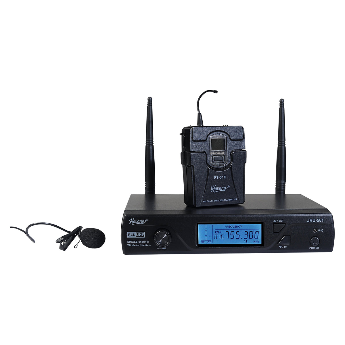 Havana JRU-561 UHF Single Channel Wireless Receiver with PT-51C Body Pack Transmitter & LT-11A Lapel Wireless Microphone