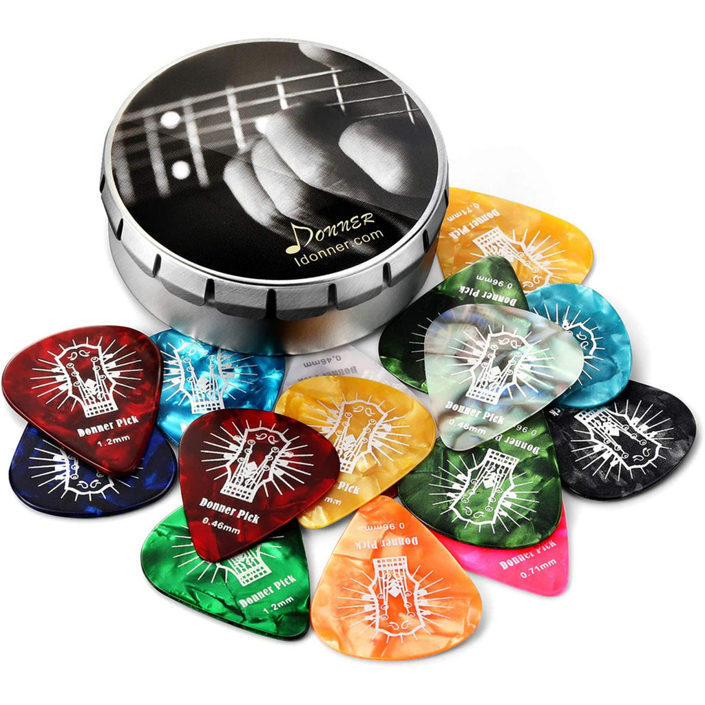 Donner Celluloid Guitar Picks 16 Pack with Tin Box includes Thin, Medium, Heavy & Extra Heavy Picks, for Acoustic Guitar Elec