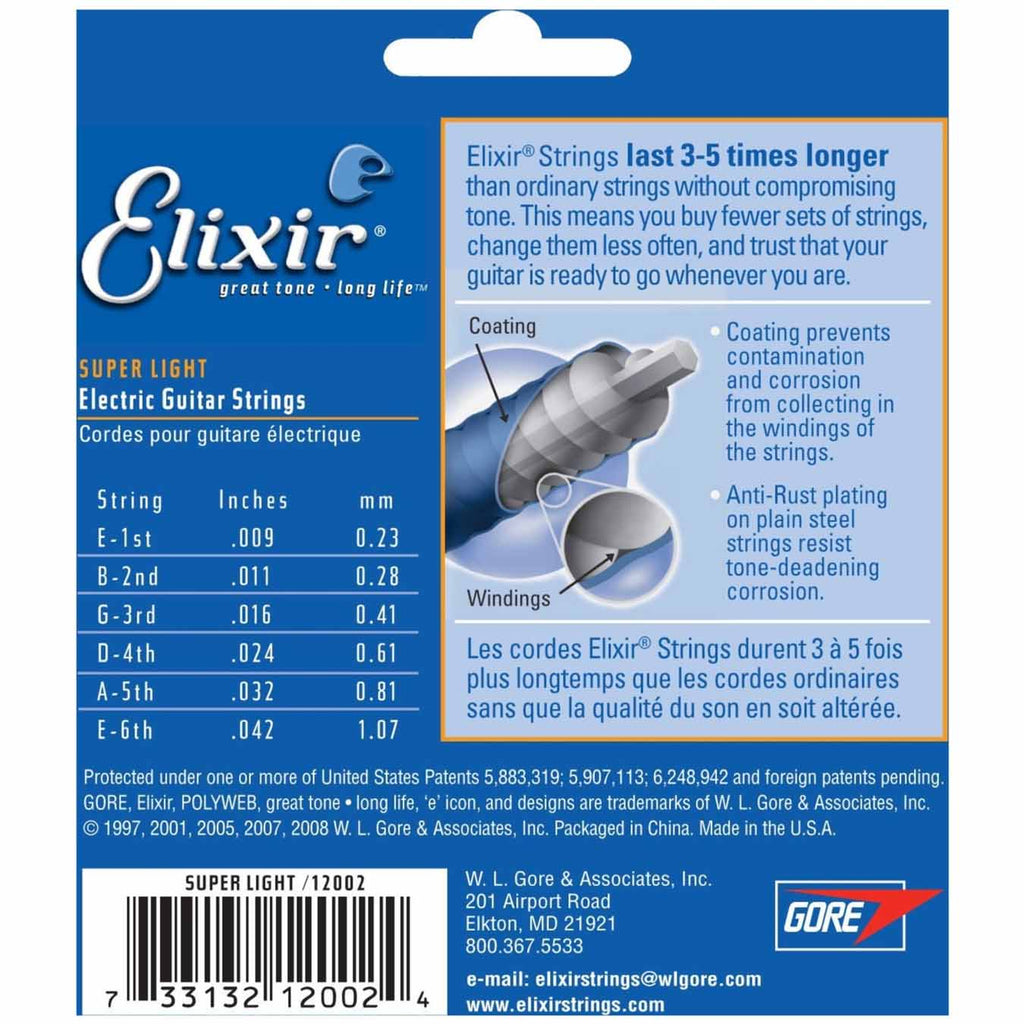 Elixir 12002 Nanoweb Electric Guitar Strings, Super Light 0.09 - 0.42