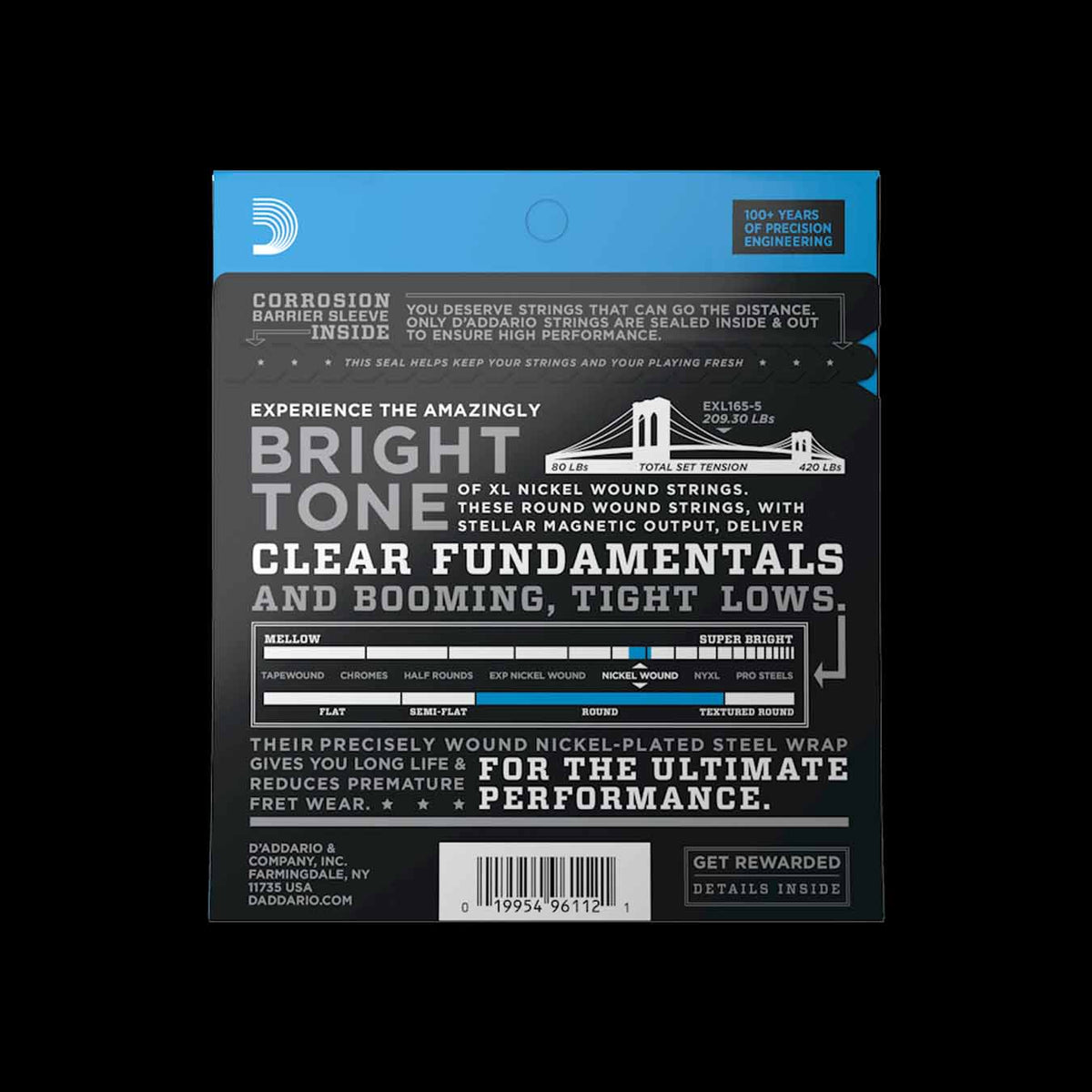 D'Addario EXL165-5 45-135 5-String Nickel Wound Custom Light Long Scale Bass Guitar Strings