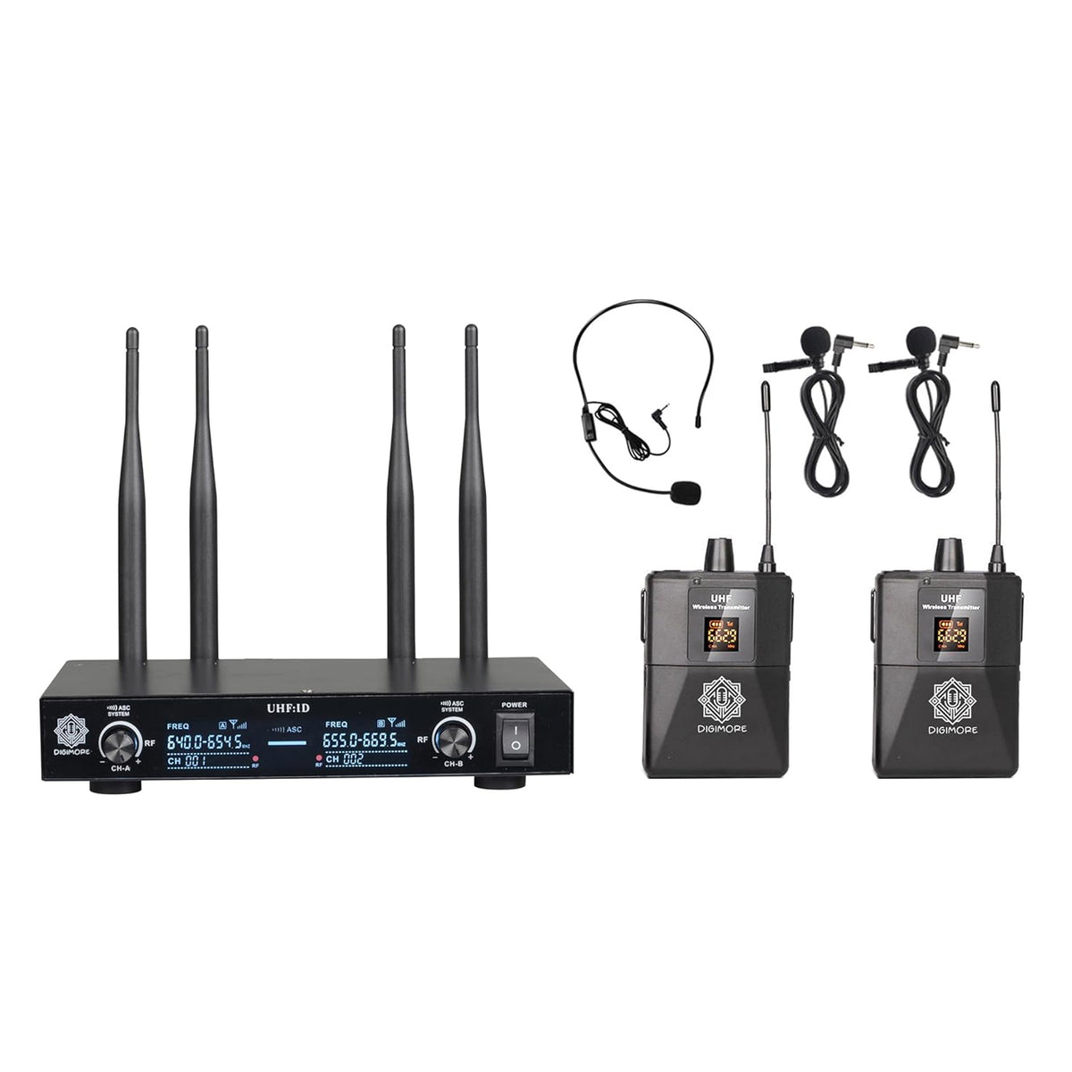 DIGIMORE D-370 UHF Dual Wireless Microphone System with Lapel Lavalier and Headset Microphones