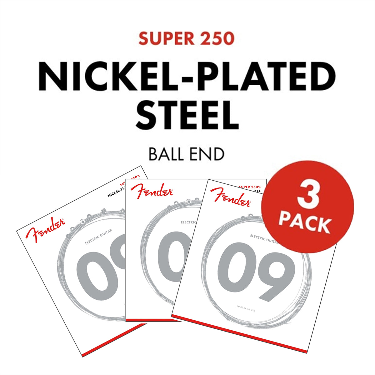 Fender 250L SUPER 250s NICKEL-PLATED STEEL GUITAR STRINGS - .009-.042 - 3Pack