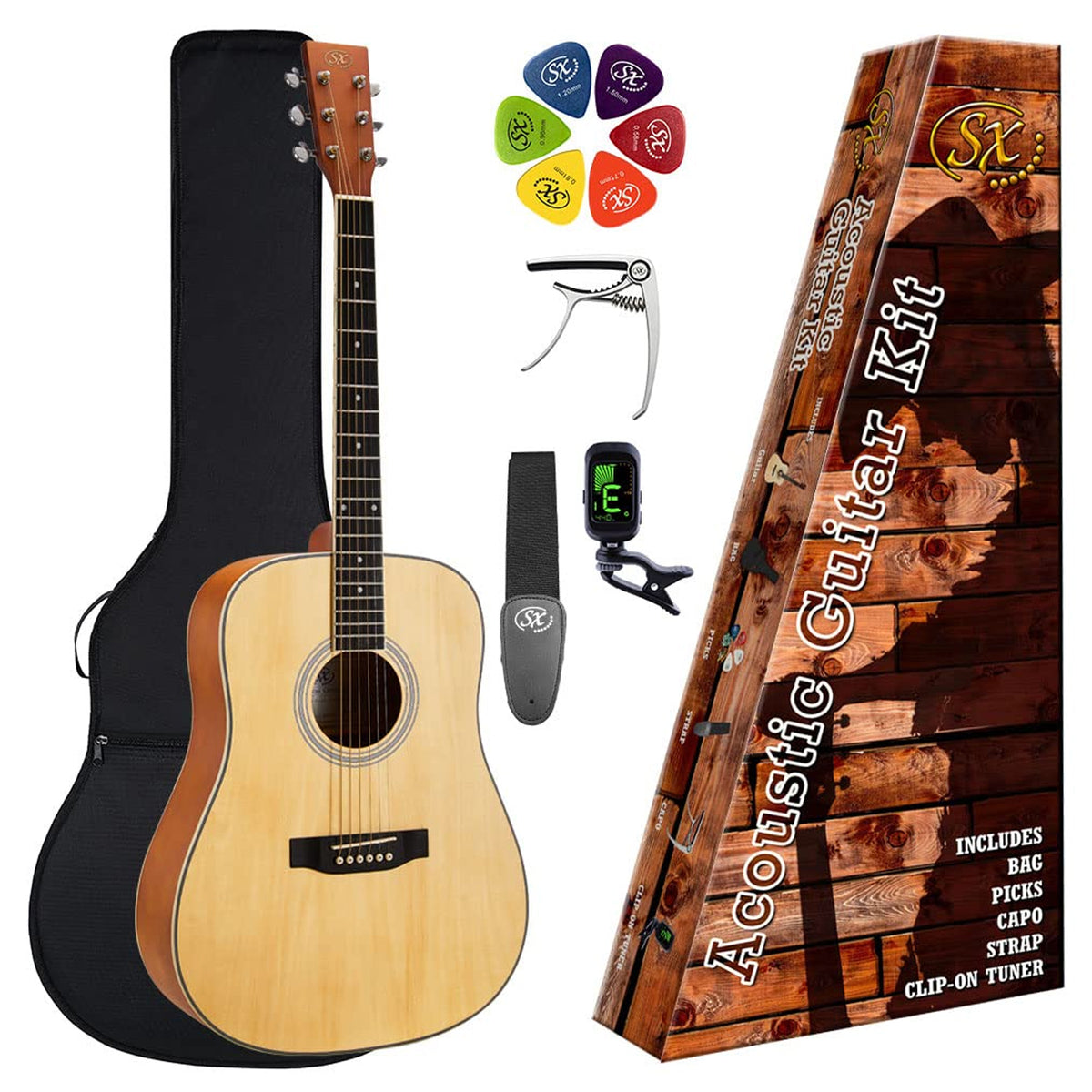 SX SD104K Dreadnought Acoustic Guitar Pack - Natural