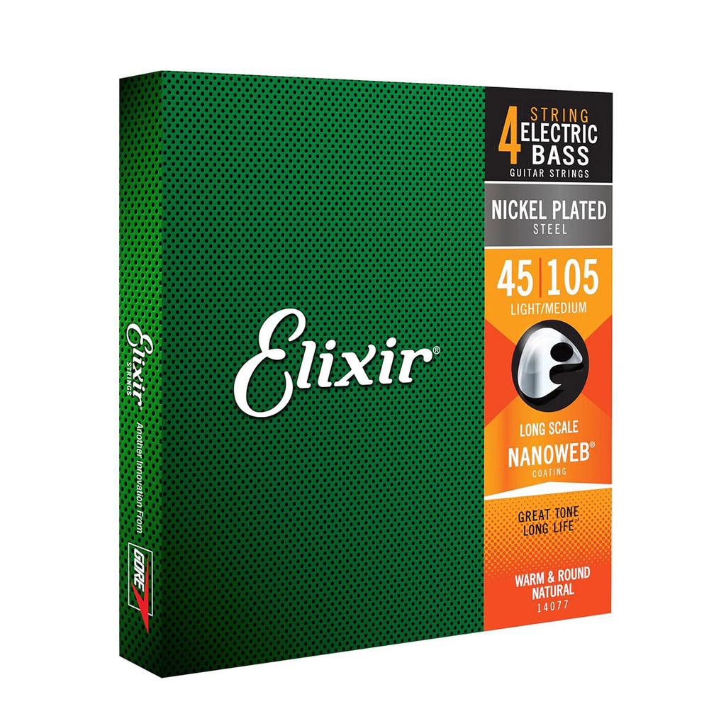 Elixir Strings 14077 Nanoweb Electric Bass Guitar Strings - .045-.105 Light/Medium, Long Scale
