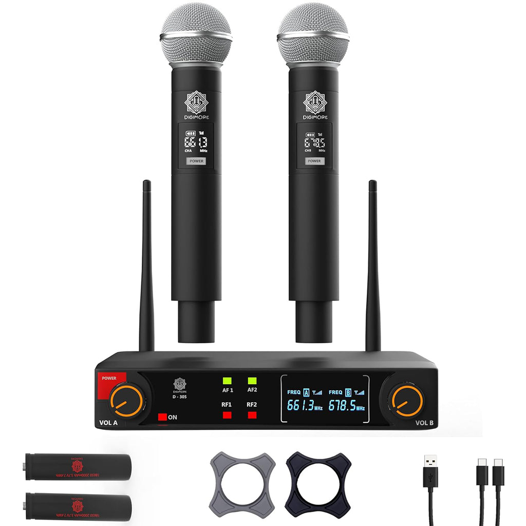 DIGIMORE UHF Dual Wireless Microphone System | 200ft Range | Balanced XLR Outs | 12Hrs Battery Life | Type-C Charging | Perfe