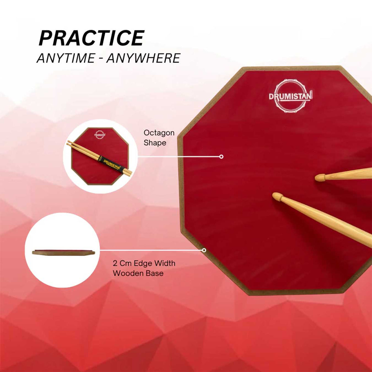 Drumistan Percussion Real Rebound Drum Practice Pad, 12.5 inches, (Red Colour)