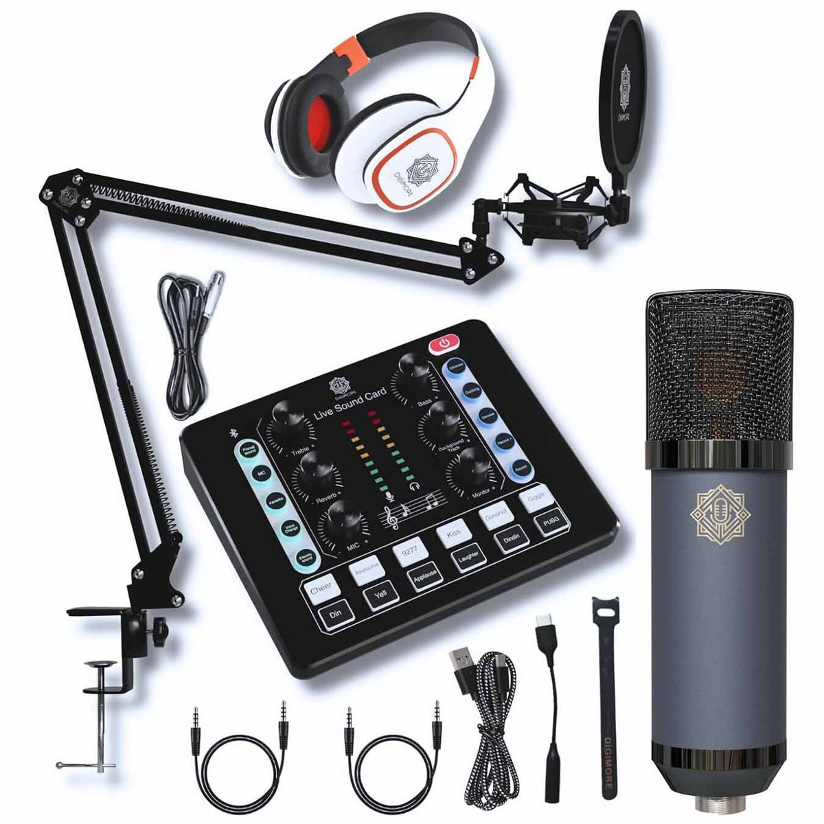 Digimore D-440 Condenser Microphone With Studio Headphone Set, Live Sound Card, Adjustable Suspension Scissor Arm Stand, Shoc
