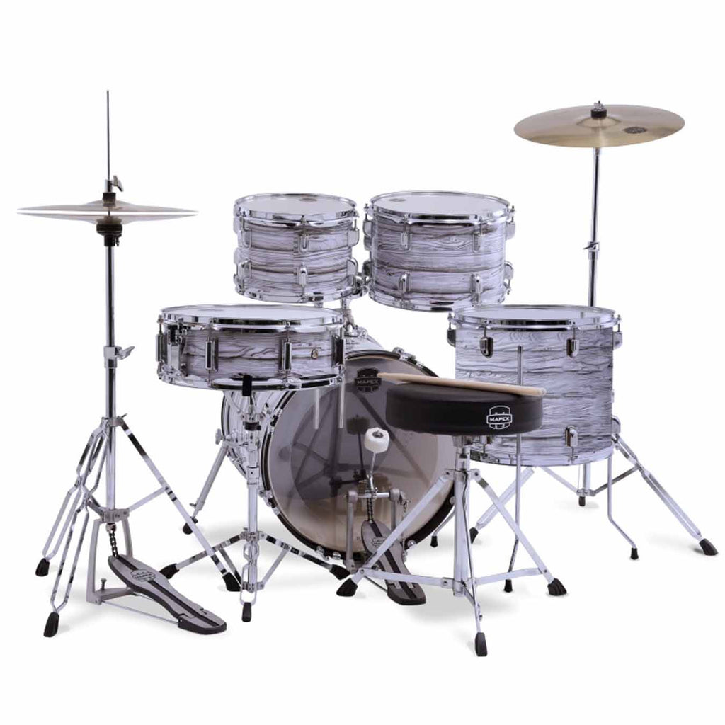Mapex CM5295FTCDK Comet 5 pcs Hybrid Drum Set with Hardware Throne & Cymbals - White Wood Grain
