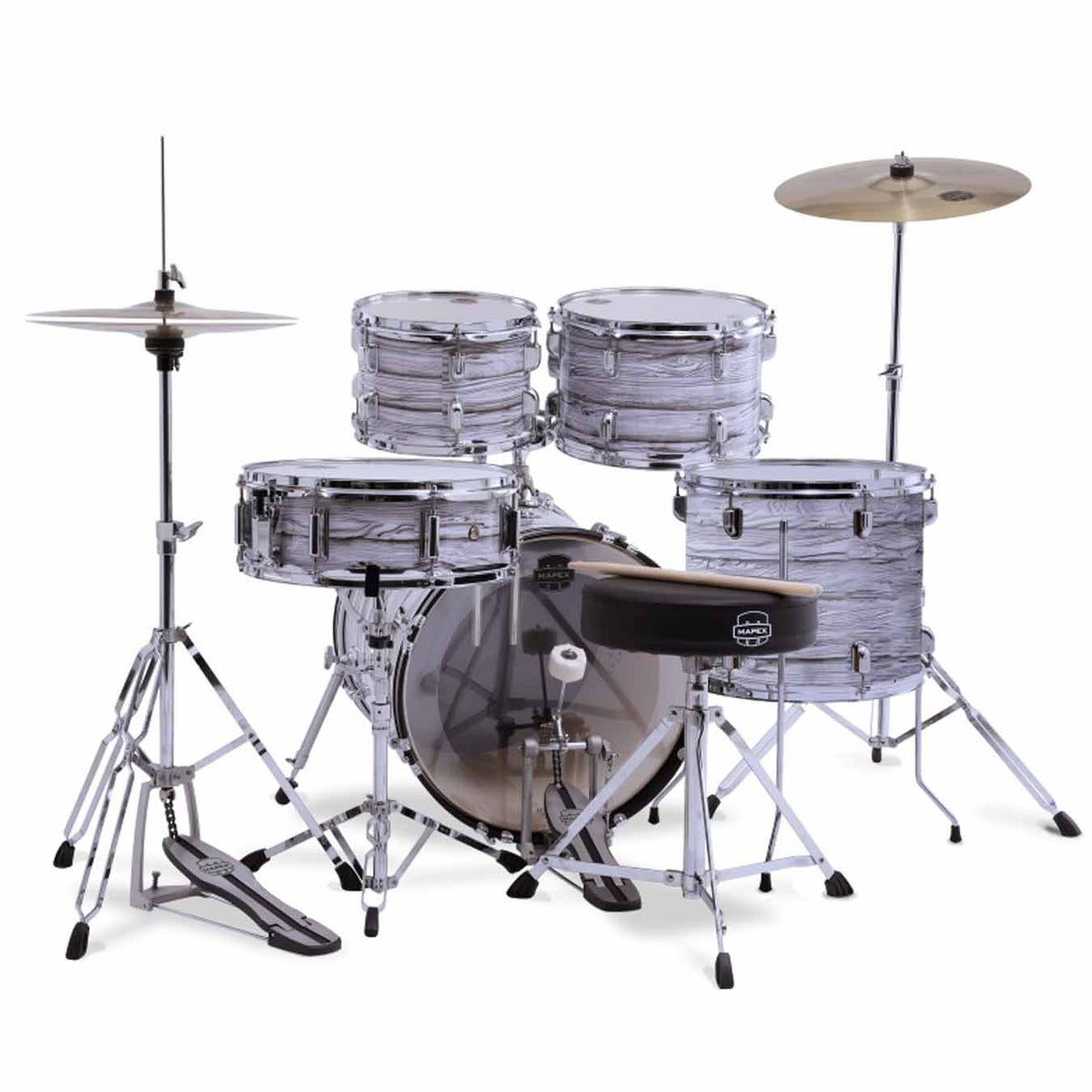 Mapex CM5295FTCDK Comet 5 pcs Hybrid Drum Set with Hardware Throne & Cymbals - White Wood Grain