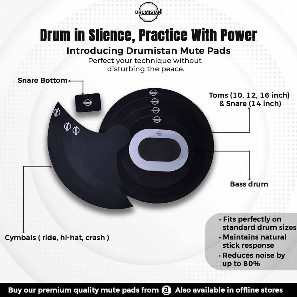 Drumistan Drum Mute Pad Kit, 9-Piece Black, Silent Training Set with Multiple Sizes (10,12,14,16) shell set + 3 cymbals set +