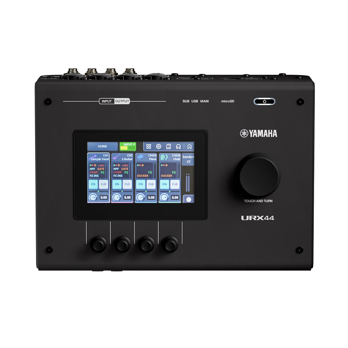 Yamaha URX44B 6-in/4-out USB-C Audio Interface with 32-bit/192kHz support and Touch LCD panel GUI with physical controller