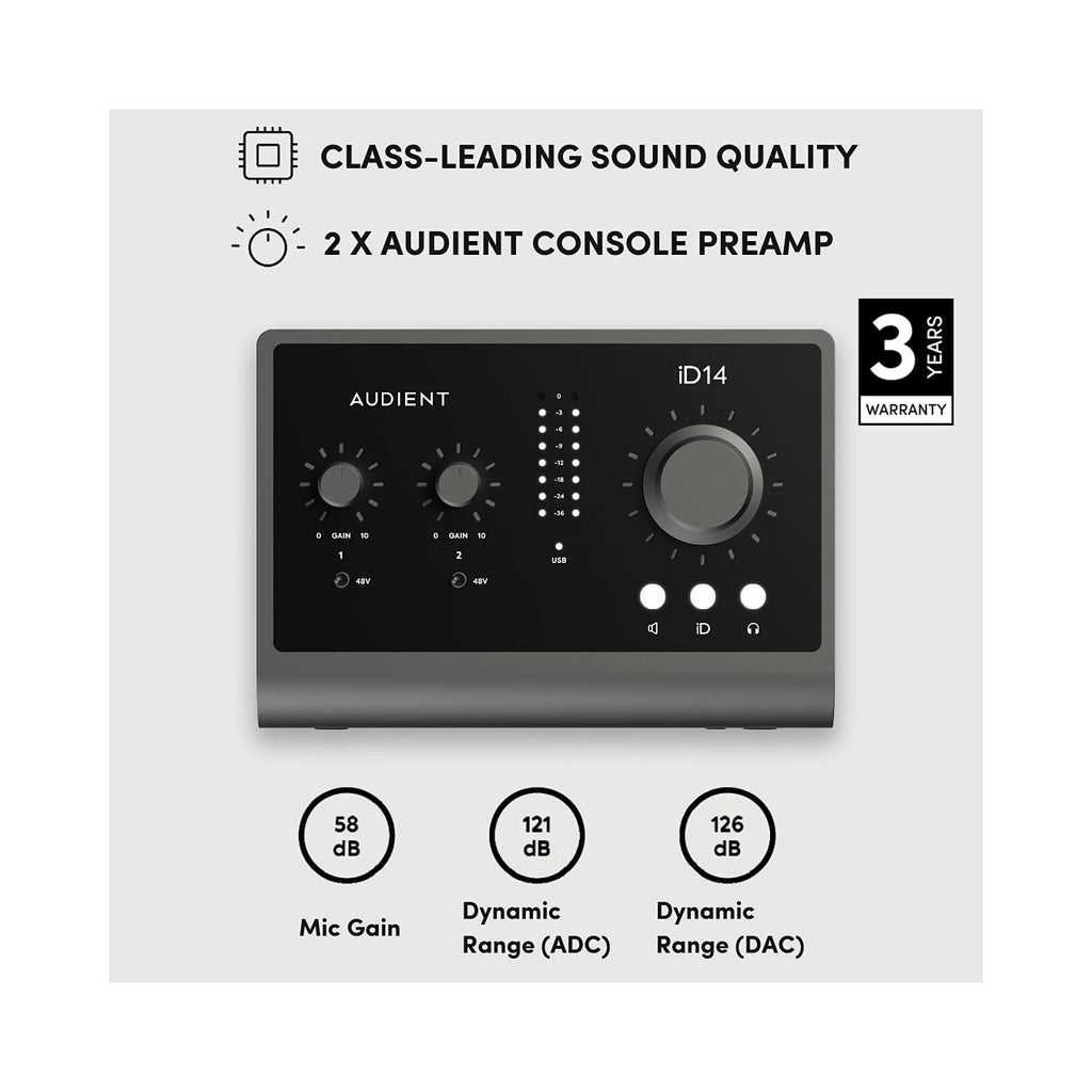 Audient iD14 (MKII) 10in/6out High Performance USB3.0 Audio Interface with 126dB Dynamic Range- 2 X Audient Console Preamps- 