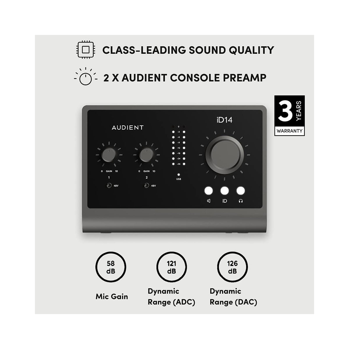 Audient iD14 (MKII) 10in/6out High Performance USB3.0 Audio Interface with 126dB Dynamic Range- 2 X Audient Console Preamps- 