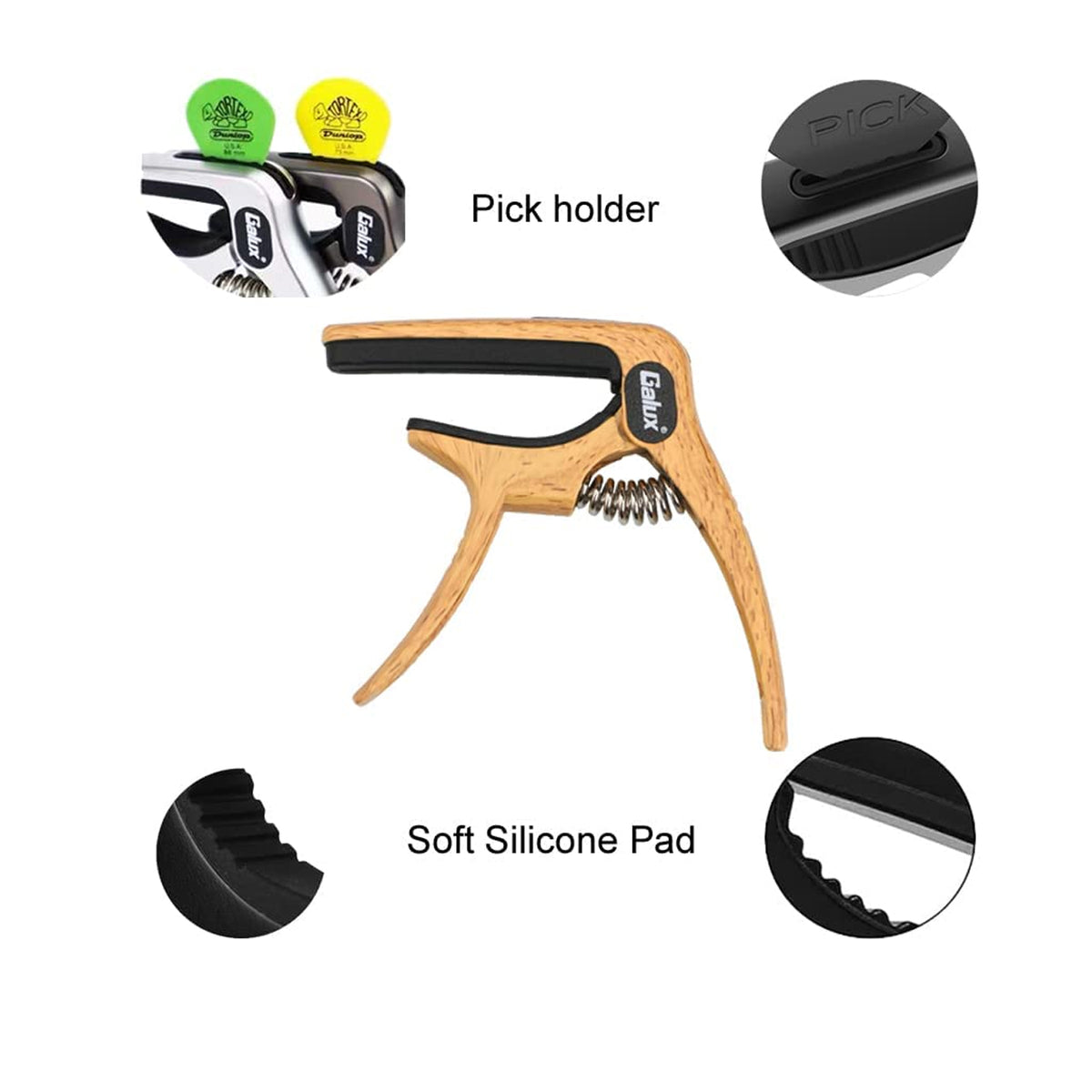Galux GC-501A 3in1 Zinc Metal Capo for Acoustic and Electric Guitar (Natural Wood)