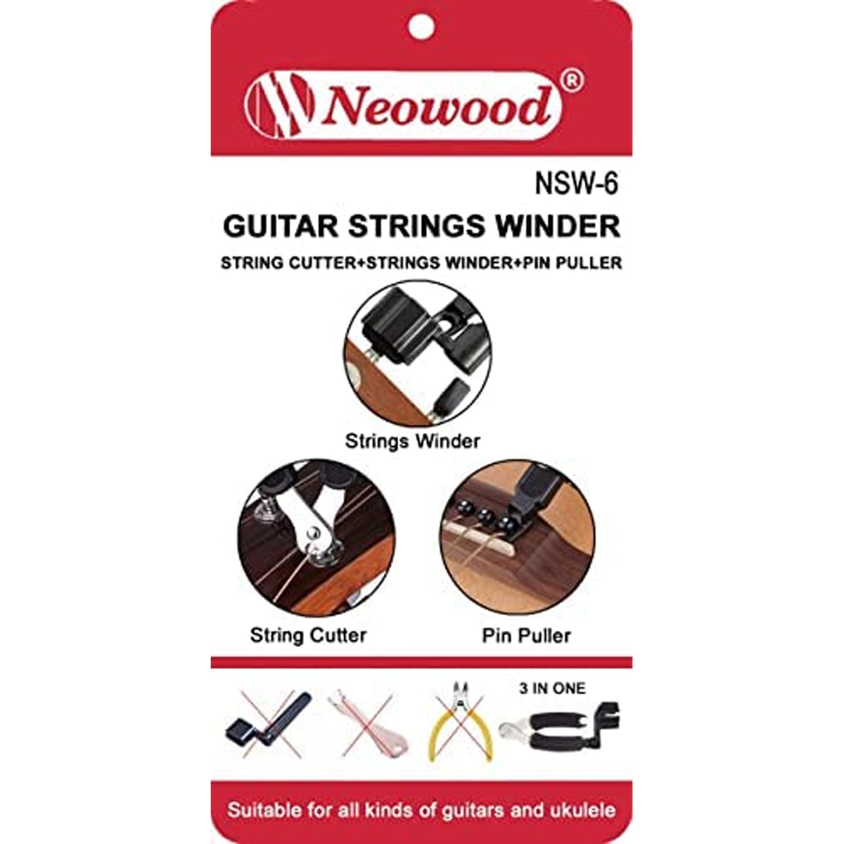 Neowood NSW6 Guitar String Winder Cutter Pin Puller - Grey