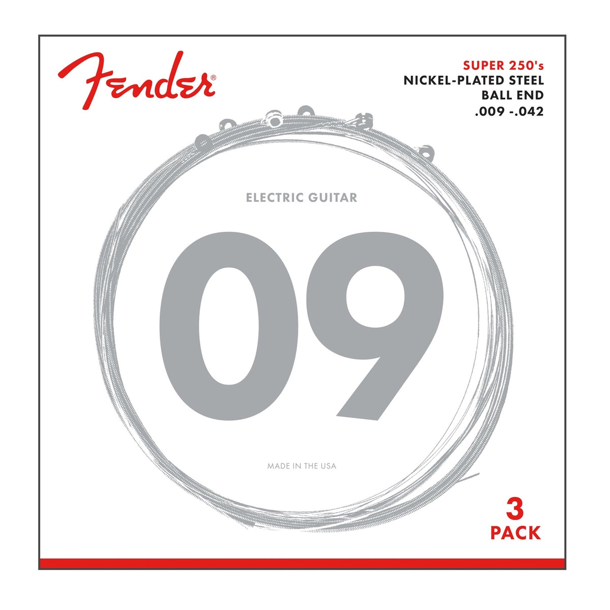 Fender 250L SUPER 250s NICKEL-PLATED STEEL GUITAR STRINGS - .009-.042 - 3Pack
