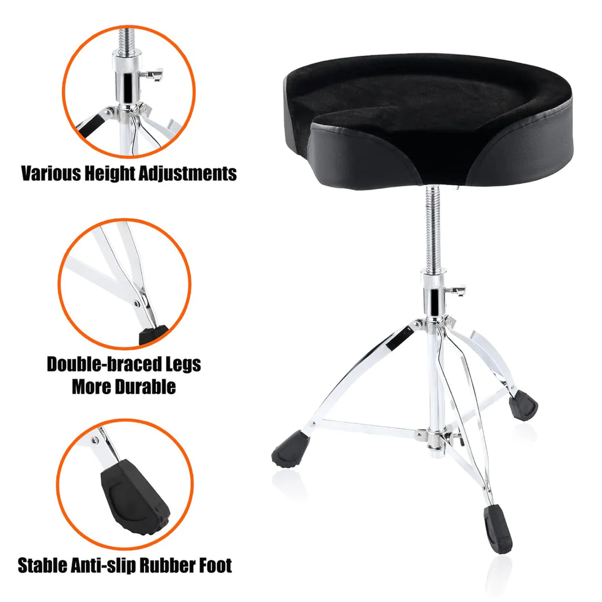 Softline Pro SP T800 Drum Throne Adjustable Padded Saddle Drum Stools Motorcycle Style Heart Shape Heavy Duty with Rubber Fee