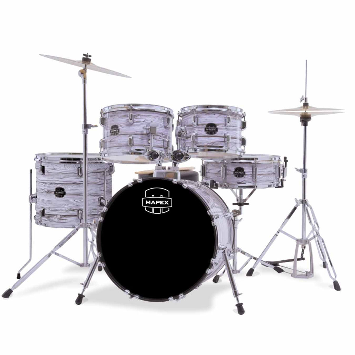 Mapex CM5295FTCDK Comet 5 pcs Hybrid Drum Set with Hardware Throne & Cymbals - White Wood Grain