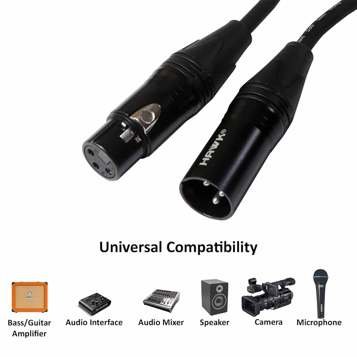 Hawk SXFG066 Gold Series XLR Male to XLR Female Balanced Mic Cable with Hawk Connectors, 20 meters length, Black Colour with 
