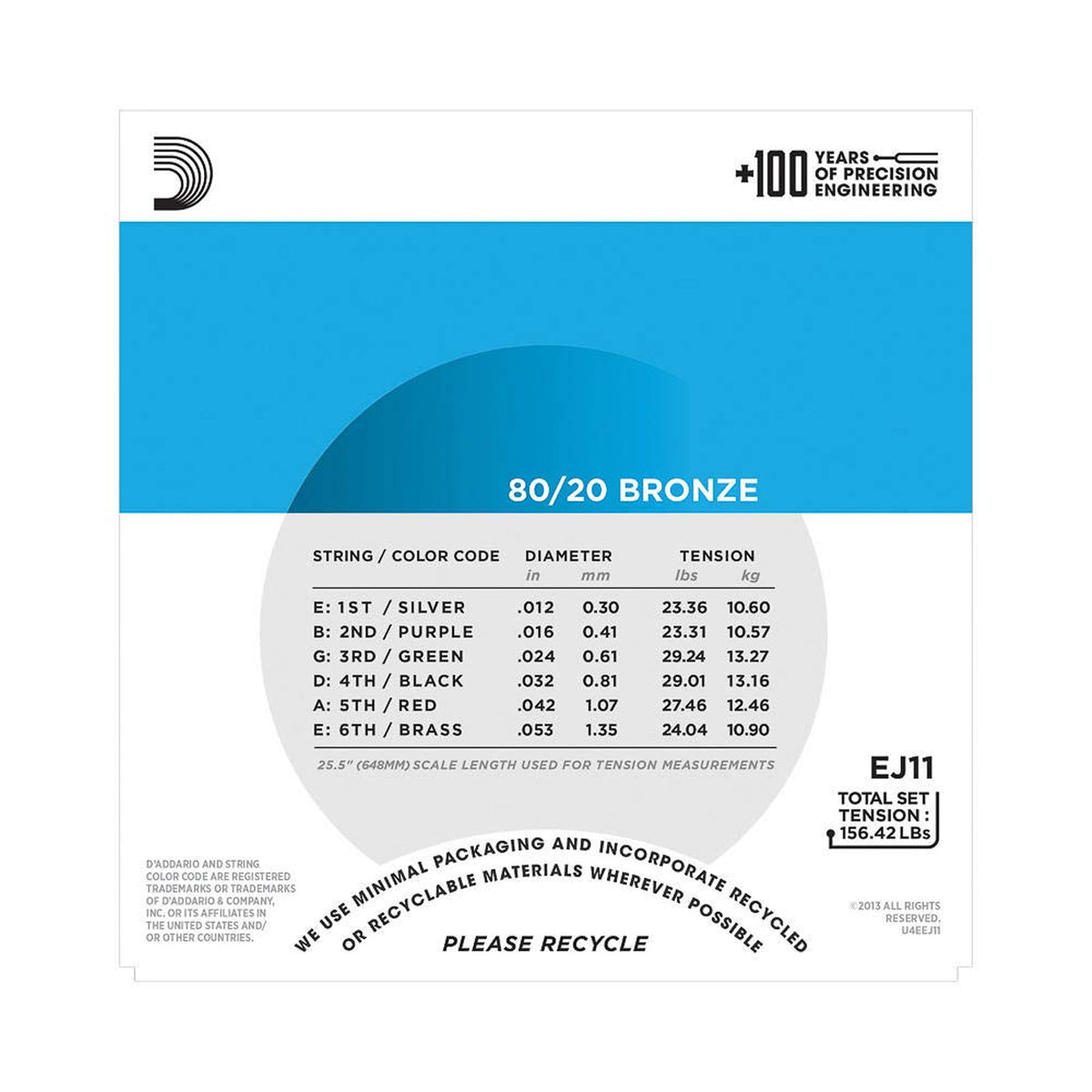 Daddario EJ11 80/20 Bronze 12-53 Light gauge Acoustic Guitar String Set
