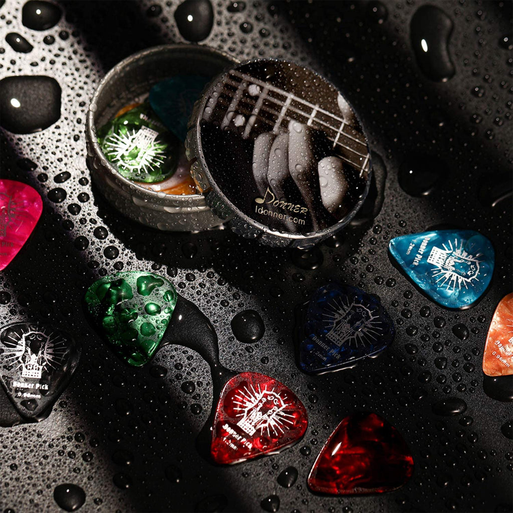 Donner Celluloid Guitar Picks 16 Pack with Tin Box includes Thin, Medium, Heavy & Extra Heavy Picks, for Acoustic Guitar Elec