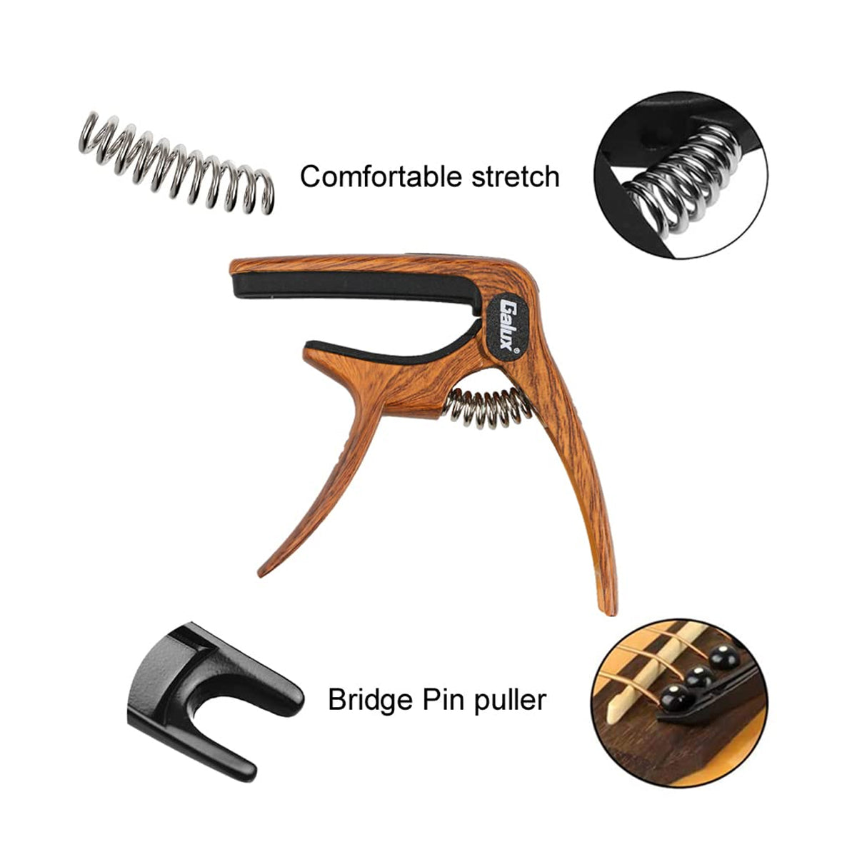 Galux GC-501A 3in1 Zinc Metal Capo for Acoustic and Electric Guitar (Dark Wood)