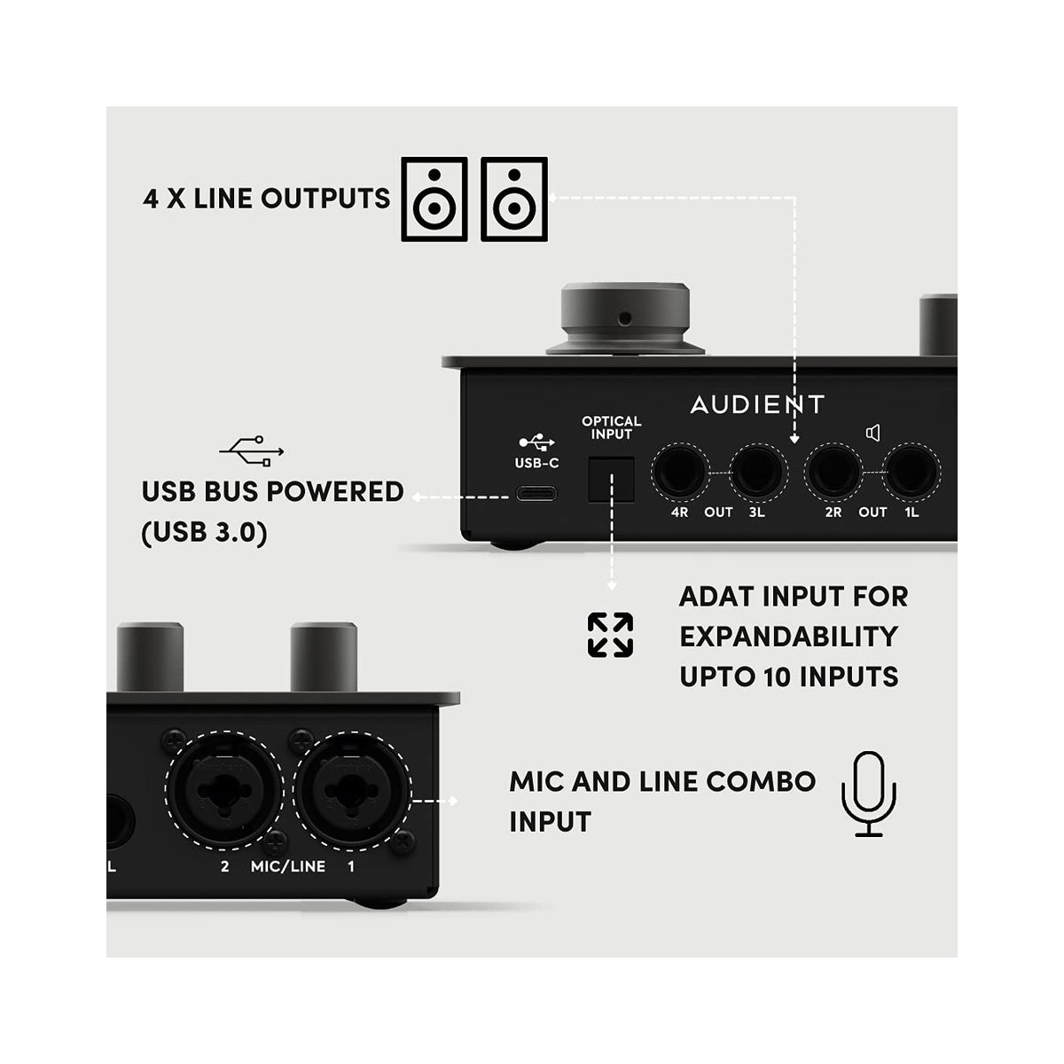 Audient iD14 (MKII) 10in/6out High Performance USB3.0 Audio Interface with 126dB Dynamic Range- 2 X Audient Console Preamps- 