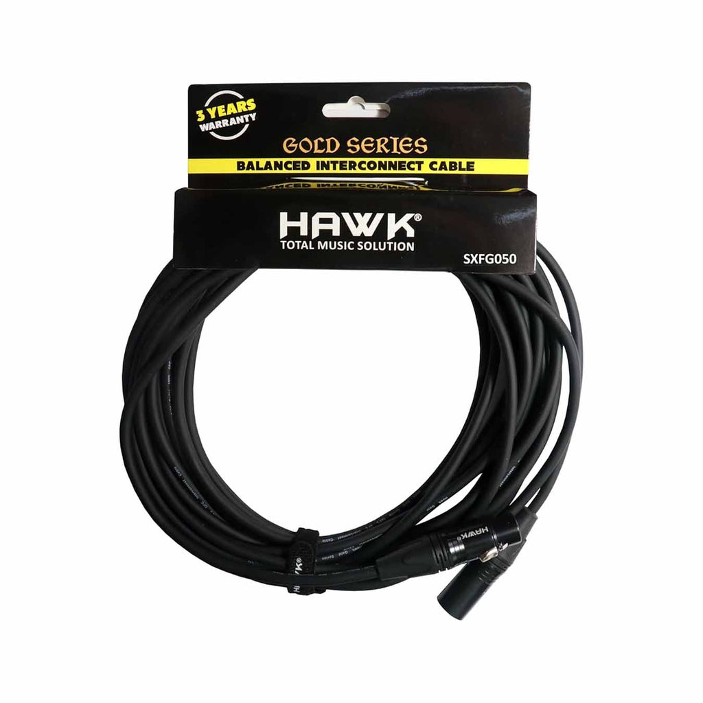 Hawk SXFG050 Gold Series XLR Male to XLR Female Balanced Mic Cable with Hawk Connectors 15 meters length, Black Colour with C