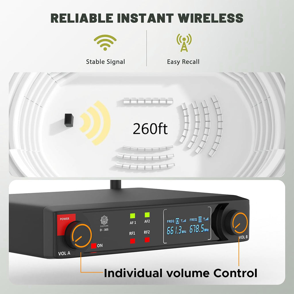 DIGIMORE UHF Dual Wireless Microphone System | 200ft Range | Balanced XLR Outs | 12Hrs Battery Life | Type-C Charging | Perfe