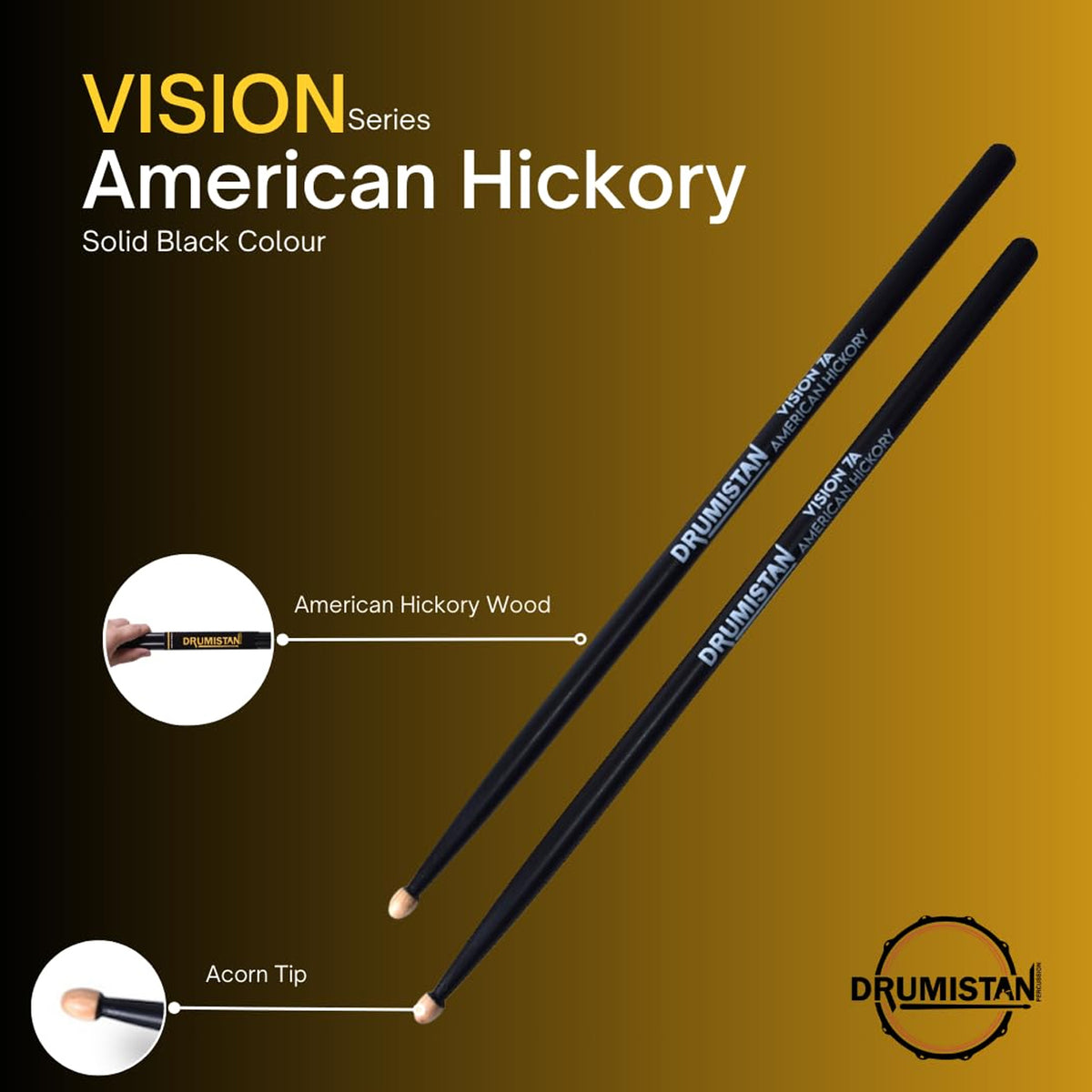 Drumistan Coloured American Hickory Drum Sticks 7A - Black
