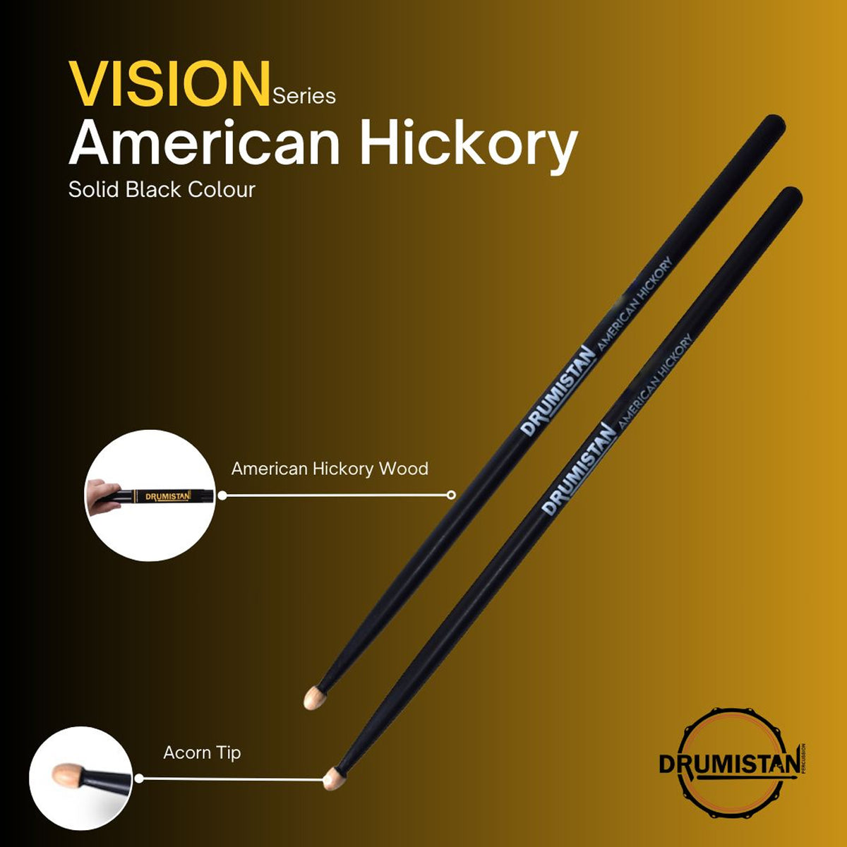 Drumistan Coloured American Hickory Drum Sticks 5A - Black