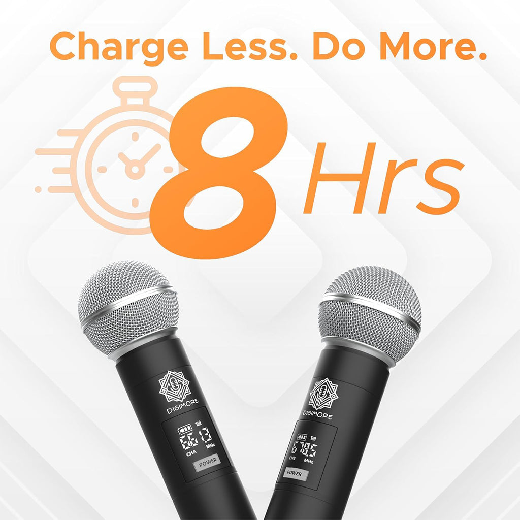 DIGIMORE UHF Dual Wireless Microphone System | 200ft Range | Balanced XLR Outs | 12Hrs Battery Life | Type-C Charging | Perfe