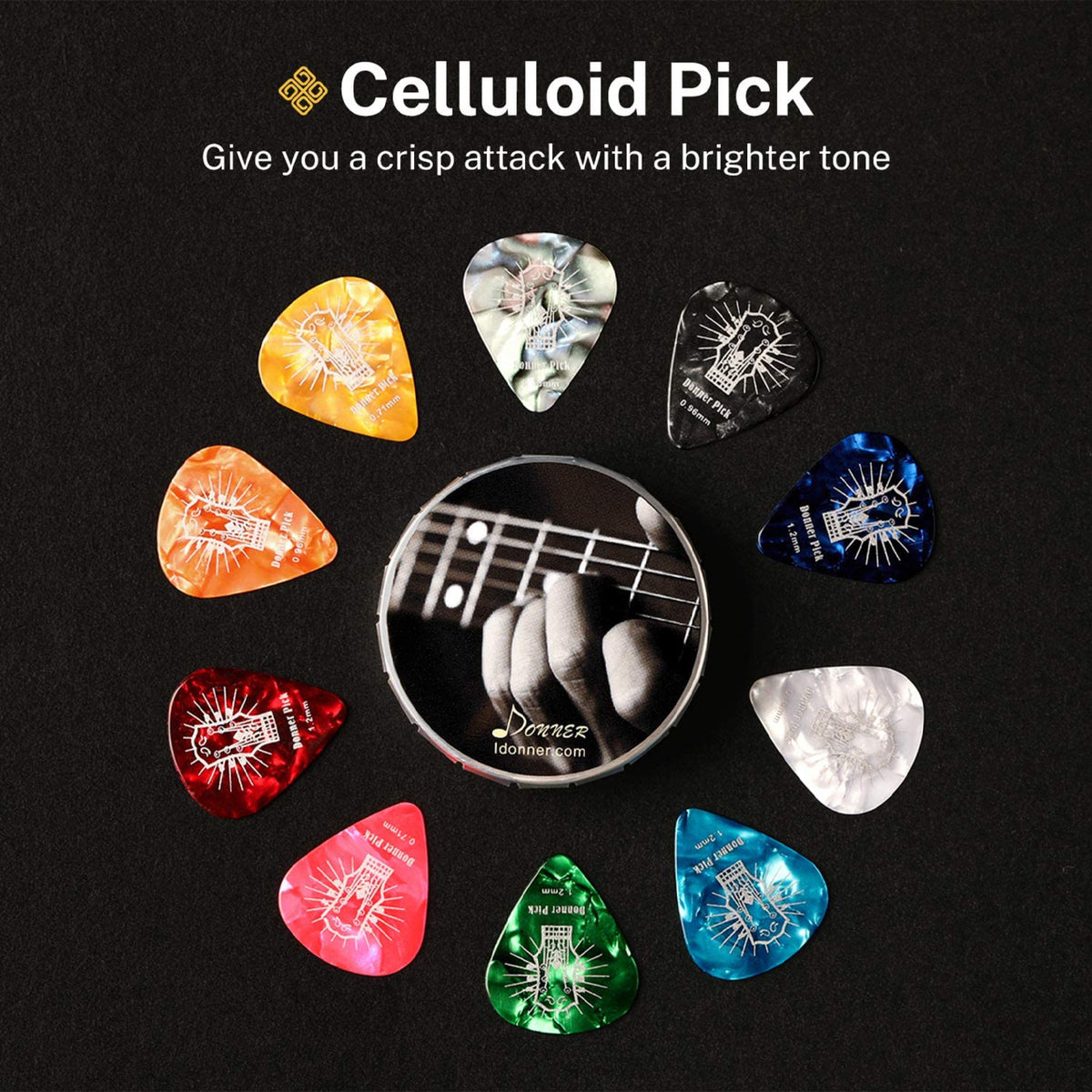 Donner Celluloid Guitar Picks 16 Pack with Tin Box includes Thin, Medium, Heavy & Extra Heavy Picks, for Acoustic Guitar Elec