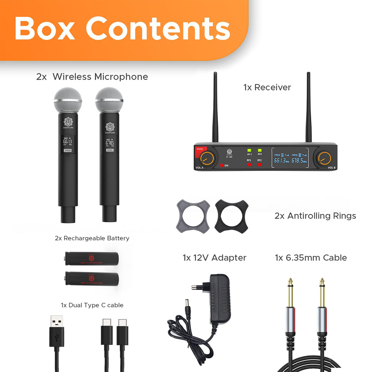 DIGIMORE UHF Dual Wireless Microphone System | 200ft Range | Balanced XLR Outs | 12Hrs Battery Life | Type-C Charging | Perfe