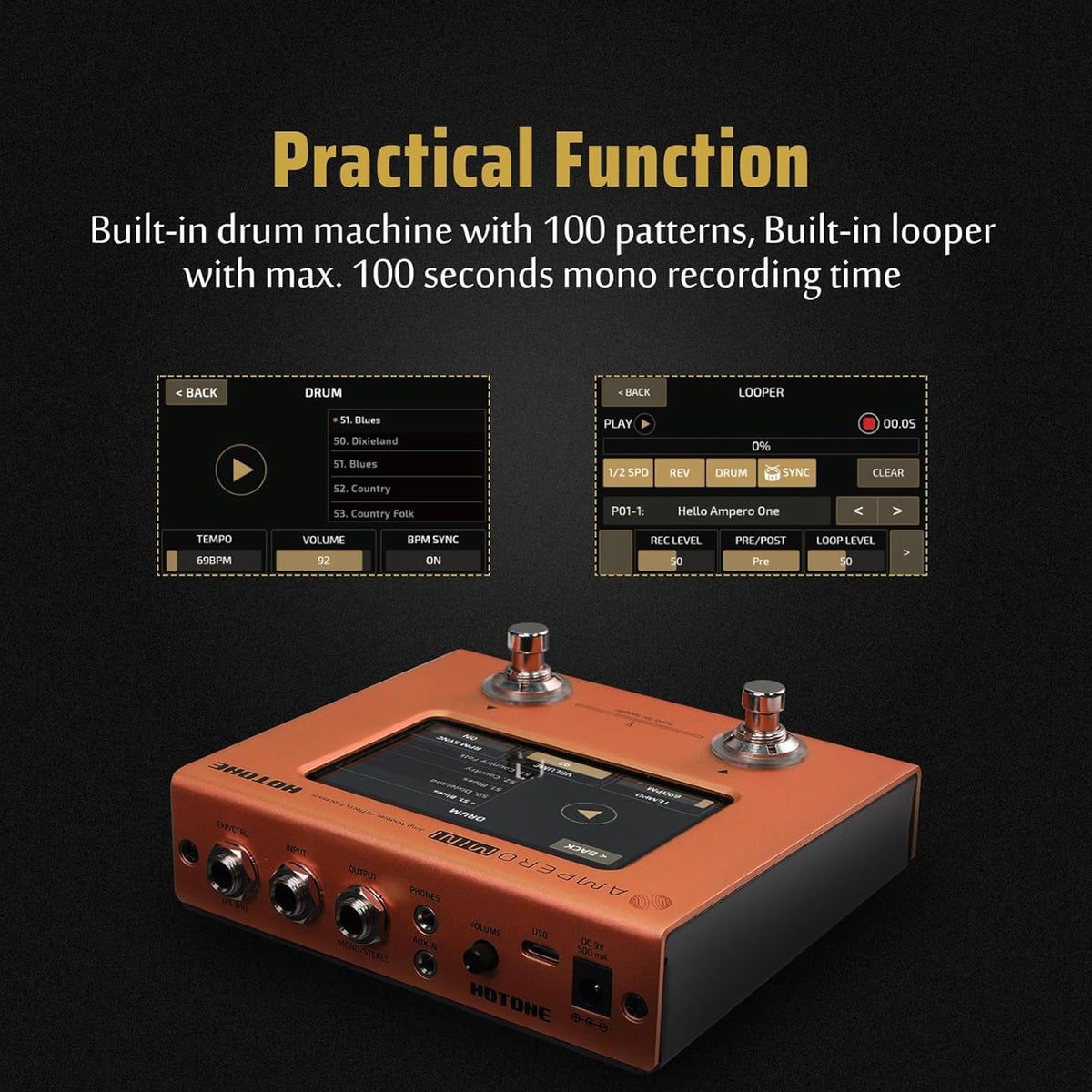 Hotone Ampero MINI Amp Modeler/Effects Processor MP-50 OR - ORANGE