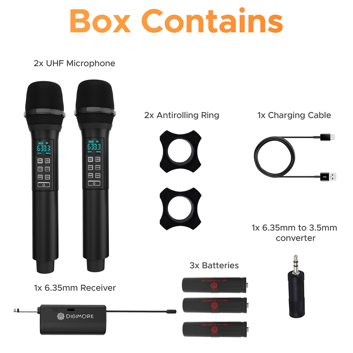 DIGIMORE UHF Dual Wireless Microphone System with in-Built Sound Card | Voice Change, Echo, Bass Etc. | 150ft Range | for Hou